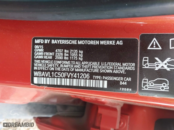 2015 BMW X1 xDrive28i with VIN WBAVL1C50FVY41206, listed as a IAAI auction lot 41508136 with 102,725 mi miles. Bid and sale history available at carsss.com. Image 9.