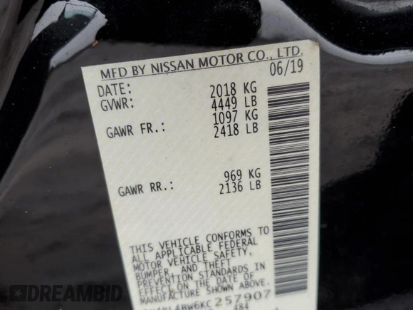2019 Nissan Altima 2.5 S with VIN 1N4BL4BW6KC257907, listed as a Copart auction lot 43415195 with 105,222 mi miles and Salvage Title. Bid and sale history available at carsss.com. Image 12.