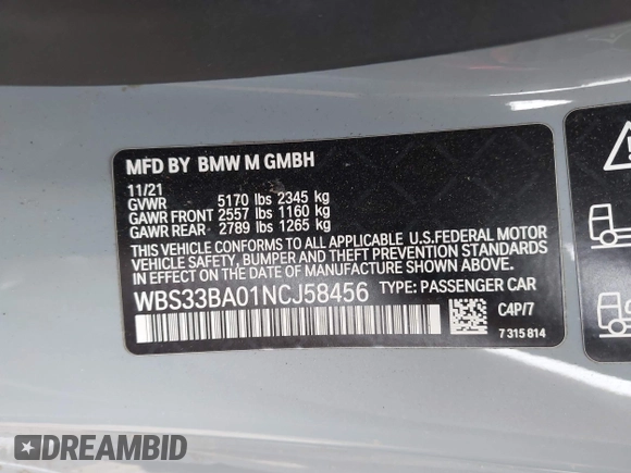 2022 BMW M4 Competition xDrive с VIN WBS33BA01NCJ58456, выставлен на аукционе IAAI как лот 42057802 с пробегом 50 846 миль миль и . История ставок и продаж доступна на DreamBid. Изображение 9.