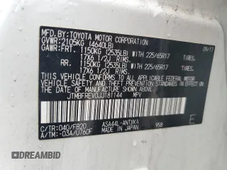 2018 Toyota RAV4 LE с VIN JTMBFREV0JJ181144, выставлен на аукционе Copart как лот 57117405 с пробегом 177 136 миль миль и Списание • Salvage title. История ставок и продаж доступна на DreamBid. Изображение 12.