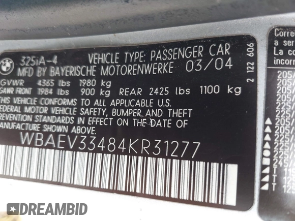 2004 BMW 3 Series 325i z VIN WBAEV33484KR31277, wystawiony jako IAAI lot #42147361 z przebiegiem 223 145 mil mil oraz . Historia ofert i sprzedaży dostępna na DreamBid. Obrazek 9.