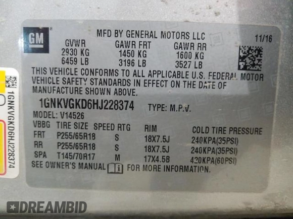 2017 Chevrolet Traverse LT with VIN 1GNKVGKD6HJ228374, listed as a Copart auction lot 48276020 with 78,057 mi miles and Non Repairable. Bid and sale history available at DreamBid. Image 10.