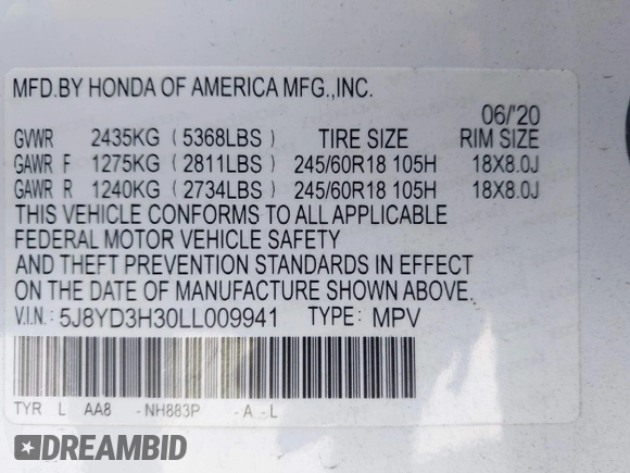 2020 Acura MDX with VIN 5J8YD3H30LL009941, listed as a IAAI auction lot 41979315 with 54,702 mi miles and . Bid and sale history available at DreamBid. Image 9.