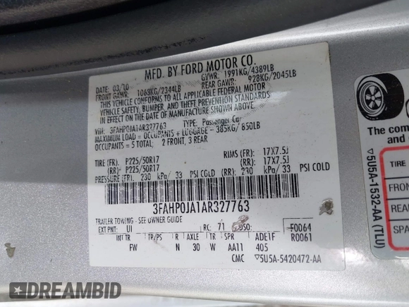 2010 Ford Fusion SEL with VIN 3FAHP0JA1AR327763, listed as a IAAI auction lot 41933656 with 90,517 mi miles. Bid and sale history available at carsss.com. Image 9.