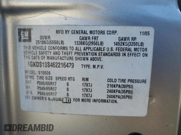 2006 GMC Envoy SLT with VIN 1GKDS13S462216479, listed as a Copart auction lot 46585255 with 259,219 mi miles and Salvage Title. Bid and sale history available at carsss.com. Image 15.