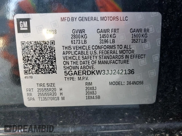2018 Buick Enclave Avenir with VIN 5GAERDKW3JJ242136, listed as a Copart auction lot 85971094 with Not Provided miles and Salvage Title. Bid and sale history available at DreamBid. Image 14.