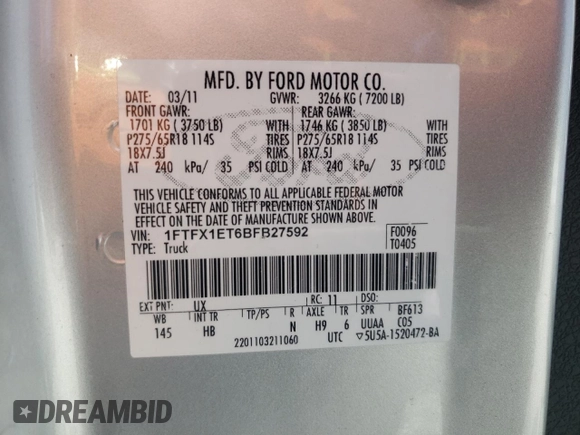 2011 Ford F-150 XL with VIN 1FTFX1ET6BFB27592, listed as a Copart auction lot 54523715 with 158,628 mi miles and Clean Title. Bid and sale history available at carsss.com. Image 12.