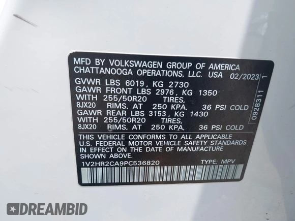 2023 Volkswagen Atlas SE with VIN 1V2HR2CA9PC536820, listed as a IAAI auction lot 42629724 with 25,419 mi miles and . Bid and sale history available at DreamBid. Image 9.