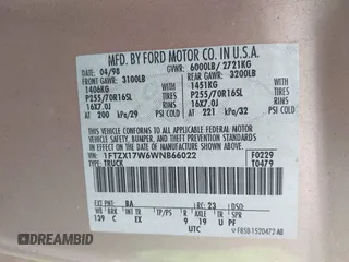 1998 Ford F-150 с VIN 1FTZX17W6WNB66022, выставлен на аукционе IAAI как лот 41890478 с пробегом 245 651 миль миль и . История ставок и продаж доступна на DreamBid. Изображение 9.