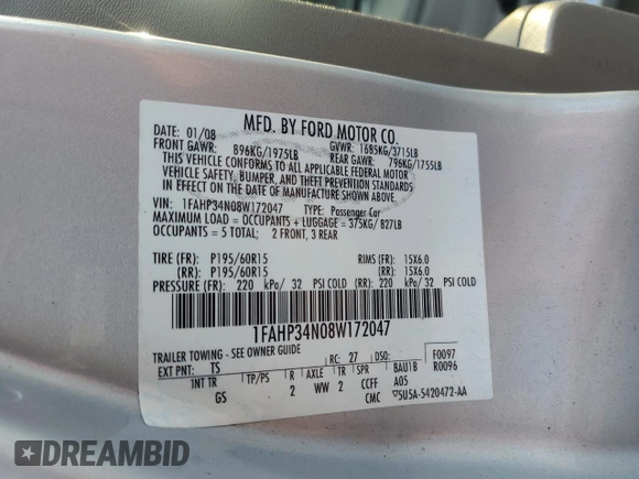 2008 Ford Focus S with VIN 1FAHP34N08W172047, listed as a Copart auction lot 86570964 with 116,279 mi miles and Salvage Title. Bid and sale history available at carsss.com. Image 12.