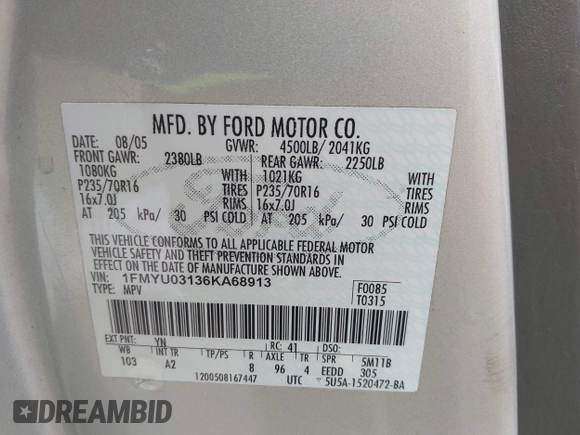 2006 Ford Escape XLT z VIN 1FMYU03136KA68913, wystawiony jako IAAI lot #42265822 z przebiegiem 129 401 mil mil oraz . Historia ofert i sprzedaży dostępna na DreamBid. Obrazek 9.