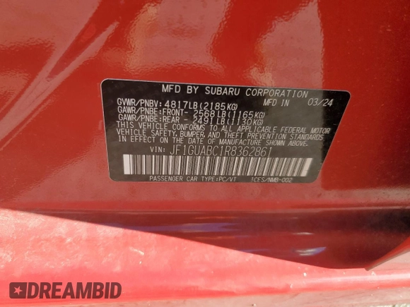 2024 Subaru Impreza with VIN JF1GUABC1R8362861, listed as a Copart auction lot 71755884 with 992 mi miles and Salvage Title. Bid and sale history available at carsss.com. Image 13.