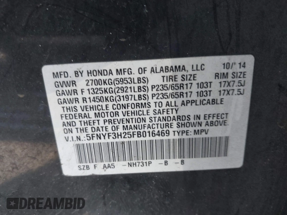 2015 Honda Pilot LX with VIN 5FNYF3H25FB016469, listed as a IAAI auction lot 41760874 with 188,837 mi miles and . Bid and sale history available at carsss.com. Image 9.