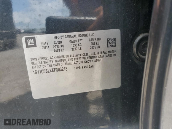 2014 Chevrolet Malibu LT with VIN 1G11C5SLXEF303218, listed as a Copart auction lot 55291445 with 180,511 mi miles and Salvage Title. Bid and sale history available at DreamBid. Image 12.