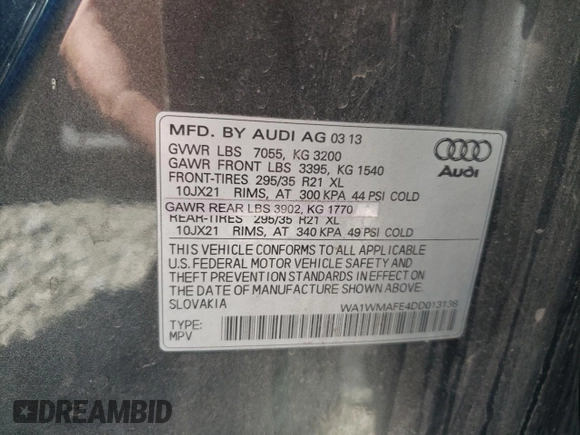 2013 Audi Q7 Prestige with VIN WA1WMAFE4DD013138, listed as a Copart auction lot 64697755 with 238,677 mi miles and Clean title. Bid and sale history available at DreamBid. Image 13.