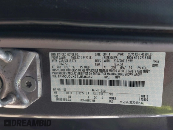 2014 Ford Escape Titanium with VIN 1FMCU0JX9EUE35382, listed as a IAAI auction lot 42085453 with 162,701 mi miles. Bid and sale history available at carsss.com. Image 9.