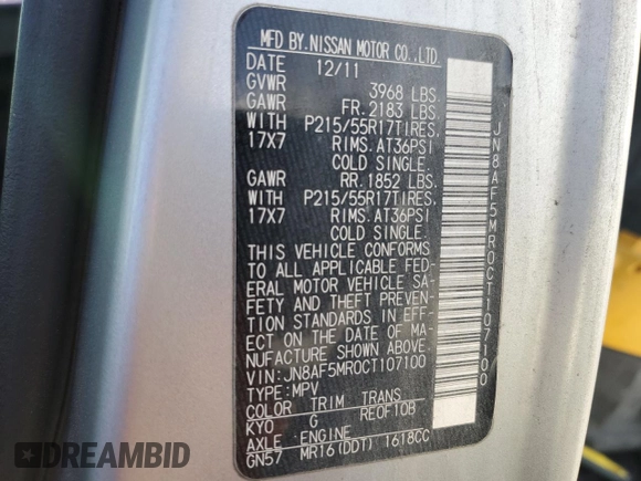2012 Nissan Juke SL with VIN JN8AF5MR0CT107100, listed as a Copart auction lot 48147755 with 112,912 mi miles and Clean Title. Bid and sale history available at DreamBid. Image 12.