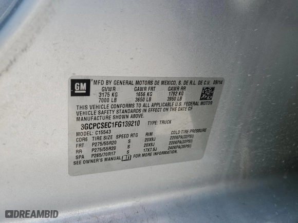 2015 Chevrolet Silverado 1500 LTZ with VIN 3GCPCSEC1FG139210, listed as a Copart auction lot 46145985 with 148,981 mi miles and Salvage Title. Bid and sale history available at carsss.com. Image 12.