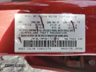 2013 Mazda 3 i Grand Touring with VIN JM1BL1MP8D1725892, listed as a Copart auction lot 62813585 with 198,799 mi miles and Non repairable. Bid and sale history available at DreamBid. Image 12.