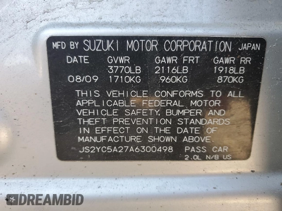 2010 Suzuki SX4 LE with VIN JS2YC5A27A6300498, listed as a Copart auction lot 43036655 with 237,647 mi miles and Salvage Title. Bid and sale history available at carsss.com. Image 13.