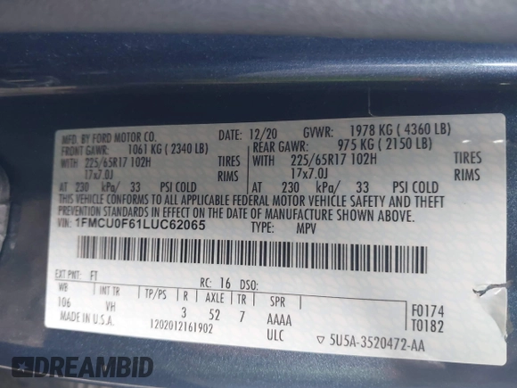 2020 Ford Escape S с VIN 1FMCU0F61LUC62065, выставлен на аукционе IAAI как лот 42442092 с пробегом 47 802 миль миль и . История ставок и продаж доступна на DreamBid. Изображение 9.