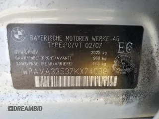 2007 BMW 3 Series 328i с VIN WBAVA33537KX74038, выставлен на аукционе Copart как лот 53875175 с пробегом Не указан миль и Списание • Salvage title. История ставок и продаж доступна на DreamBid. Изображение 14.