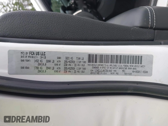 2019 Dodge Durango SRT with VIN 1C4SDJGJ0KC581440, listed as a IAAI auction lot 42473821 with 40,068 mi miles and . Bid and sale history available at DreamBid. Image 9.