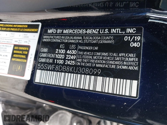 2019 Mercedes-Benz C 300 with VIN 55SWF8DB8KU308099, listed as a IAAI auction lot 42064354 with 48,363 mi miles and . Bid and sale history available at DreamBid. Image 9.
