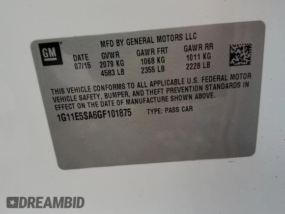 2016 Chevrolet Malibu LTZ with VIN 1G11E5SA6GF101875, listed as a Copart auction lot 79526144 with 103,071 mi miles and Salvage Title. Bid and sale history available at DreamBid. Image 12.