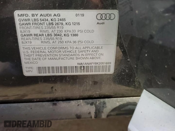 2019 Audi Q5 Premium with VIN WA1ANAFY8K2051689, listed as a Copart auction lot 53305245 with 29,980 mi miles and Salvage Title. Bid and sale history available at carsss.com. Image 14.