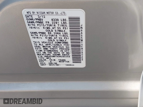 2012 Nissan Rogue SL with VIN JN8AS5MT0CW290259, listed as a IAAI auction lot 42160258 with 158,846 mi miles and . Bid and sale history available at DreamBid. Image 9.