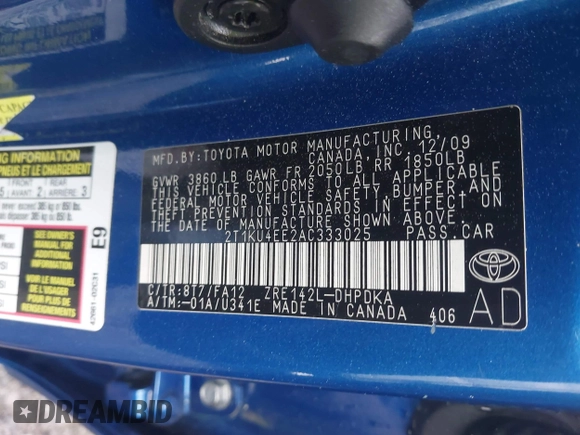 2010 Toyota Matrix z VIN 2T1KU4EE2AC333025, wystawiony jako IAAI lot #41957278 z przebiegiem 143 204 mil mil oraz . Historia ofert i sprzedaży dostępna na DreamBid. Obrazek 9.