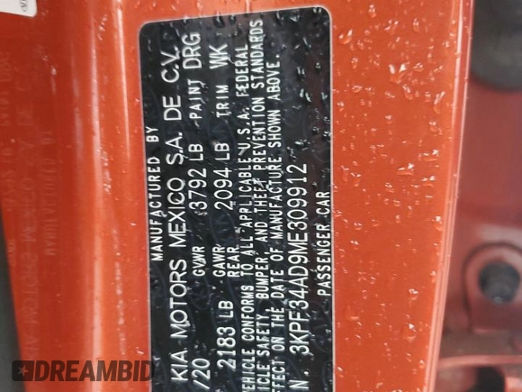 2021 Kia Forte GT-Line с VIN 3KPF34AD9ME309912, выставлен на аукционе Copart как лот 55678825 с пробегом 74 309 миль миль и Списание • Salvage title. История ставок и продаж доступна на DreamBid. Изображение 13.