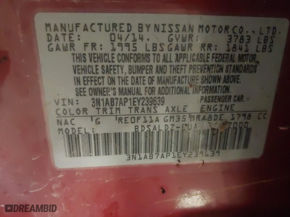 2014 Nissan Sentra SR with VIN 3N1AB7AP1EY239639, listed as a IAAI auction lot 41456017 with 215,740 mi miles. Bid and sale history available at carsss.com. Image 9.