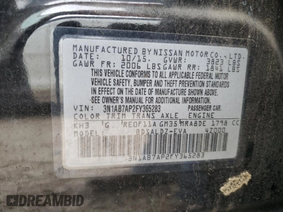 2015 Nissan Sentra SL with VIN 3N1AB7AP2FY365283, listed as a Copart auction lot 44953695 with 76,303 mi miles and Salvage Title. Bid and sale history available at DreamBid. Image 12.