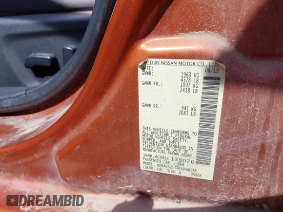 2020 Nissan Altima SR z VIN 1N4BL4CV8LC138070, wystawiony jako IAAI lot #42109576 z przebiegiem Nie podano mil oraz . Historia ofert i sprzedaży dostępna na DreamBid. Obrazek 9.