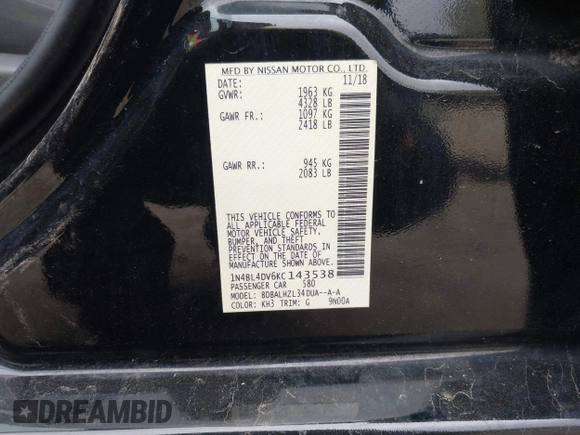 2019 Nissan Altima SV with VIN 1N4BL4DV6KC143538, listed as a IAAI auction lot 42082493 with 150,470 mi miles and . Bid and sale history available at DreamBid. Image 9.