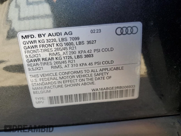 2024 Audi Q8 e-tron Prestige z VIN WA16ABGE2RB006933, wystawiony jako Copart lot #72645354 z przebiegiem 8 794 mil mil oraz Szkoda całkowita • Salvage title. Historia ofert i sprzedaży dostępna na DreamBid. Obrazek 13.