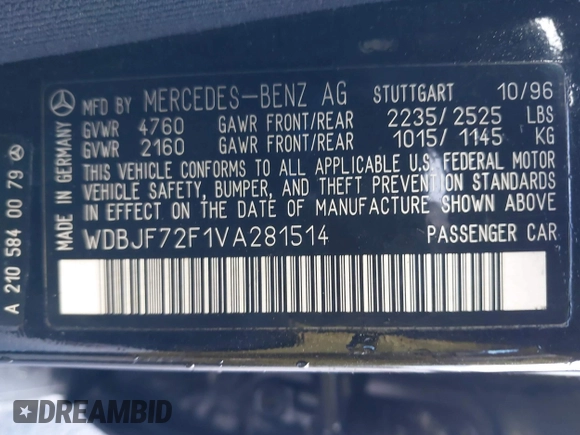 1997 Mercedes-Benz E-Class with VIN WDBJF72F1VA281514, listed as a IAAI auction lot 41586496 with 283,212 mi miles. Bid and sale history available at carsss.com. Image 9.