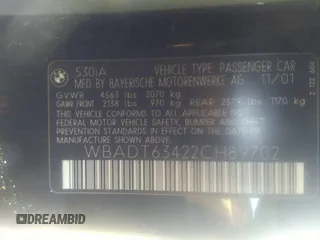 2002 BMW 5 Series 530iA with VIN WBADT63422CH89702, listed as a IAAI auction lot 40955640 with 188,009 mi miles. Bid and sale history available at carsss.com. Image 9.