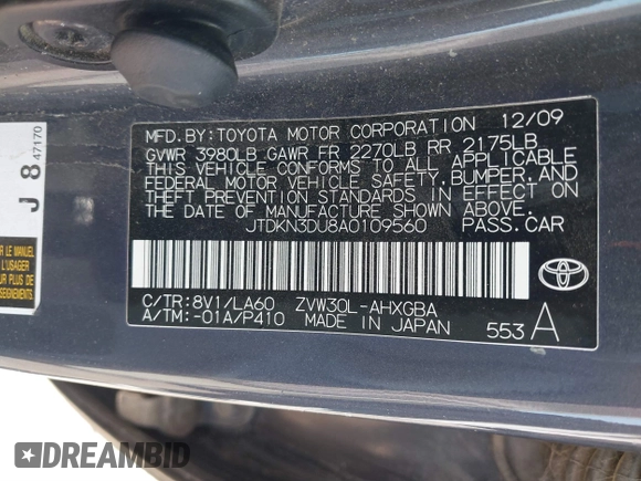 2010 Toyota Prius II with VIN JTDKN3DU8A0109560, listed as a IAAI auction lot 40243073 with 252,915 mi miles and . Bid and sale history available at DreamBid. Image 9.