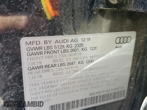 2020 Audi Q3 S line Premium Plus with VIN WA1EECF30L1055714, listed as a Copart auction lot 52678335 with Not provided miles and Salvage title. Bid and sale history available at DreamBid. Image 15.