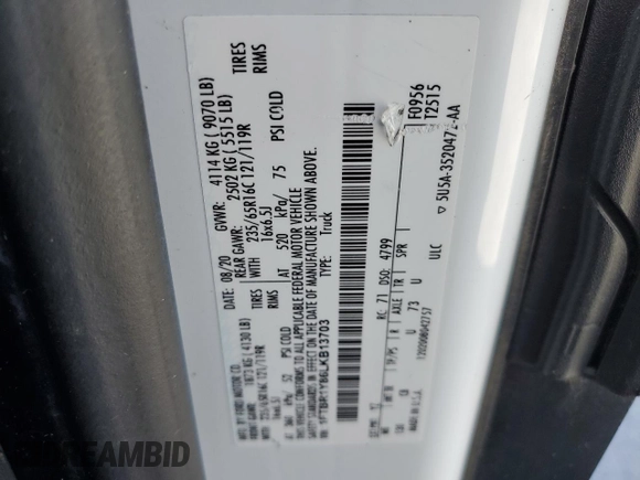 2020 Ford Transit Cargo z VIN 1FTBR1Y86LKB13703, wystawiony jako Copart lot #58082035 z przebiegiem 24 117 mil mil oraz Tytuł czysty. Historia ofert i sprzedaży dostępna na DreamBid. Obrazek 13.