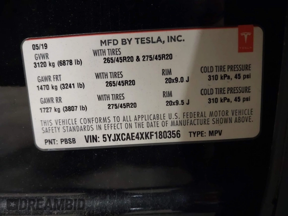 2019 Tesla Model X P90D with VIN 5YJXCAE4XKF180356, listed as a IAAI auction lot 42087926 with 79,041 mi miles. Bid and sale history available at carsss.com. Image 9.
