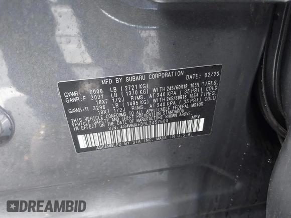 2020 Subaru Ascent Premium with VIN 4S4WMAFD9L3457600, listed as a IAAI auction lot 41476993 with 37,303 mi miles and . Bid and sale history available at DreamBid. Image 9.