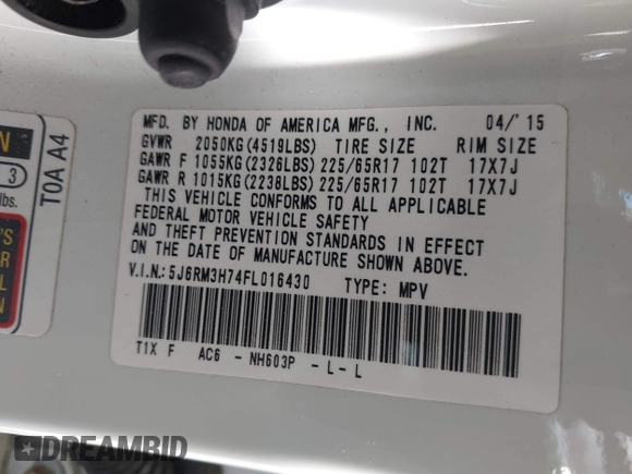 2015 Honda CR-V EX-L with VIN 5J6RM3H74FL016430, listed as a IAAI auction lot 42147267 with 117,656 mi miles and . Bid and sale history available at carsss.com. Image 9.