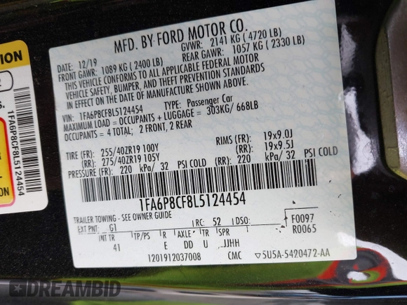 2020 Ford Mustang GT with VIN 1FA6P8CF8L5124454, listed as a IAAI auction lot 42133227 with 59,366 mi miles and . Bid and sale history available at DreamBid. Image 9.