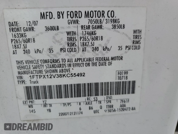 2008 Ford F-150 XL with VIN 1FTPX12V38KC55492, listed as a Copart auction lot 58162545 with 197,589 mi miles and Salvage title. Bid and sale history available at DreamBid. Image 12.