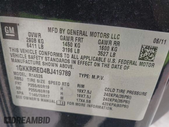 2011 GMC Acadia SLT1 with VIN 1GKKRRED4BJ419789, listed as a IAAI auction lot 41571475 with 167,030 mi miles. Bid and sale history available at carsss.com. Image 9.