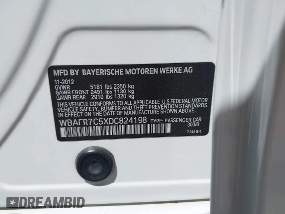 2013 BMW 5 Series 535i with VIN WBAFR7C5XDC824198, listed as a IAAI auction lot 42046804 with 170,005 mi miles and . Bid and sale history available at DreamBid. Image 9.